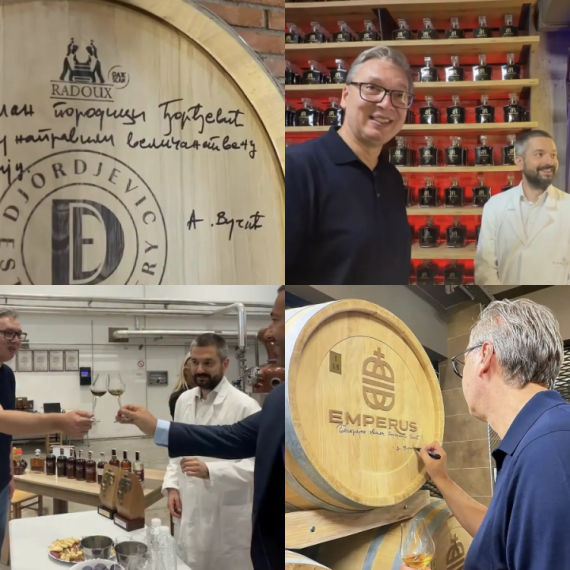 Vučić obišao vinariju "Đorđević" i destileriju "Emperus"; "Sjajno društvo i vrhunski znalci" VIDEO
