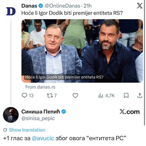 Nižu se reakcije na tekst "Danasa"; "Plus jedan glas za Vučića zbog ovoga 'entiteta RS'" FOTO